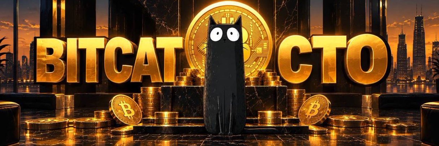 The community's BITCAT CTO banner: the cat on a black-marble throne surrounded by gold Bitcoin, city skyline behind.